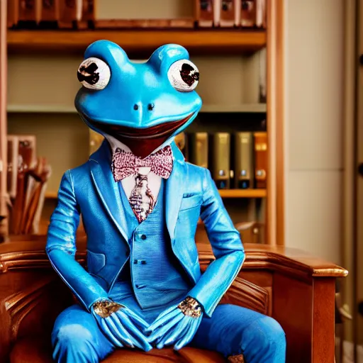 Image similar to professional portrait of a happy anthropomorphic blue frog wearing a suit crossing his arms sitting in an office chair, very intricate, very detailed,