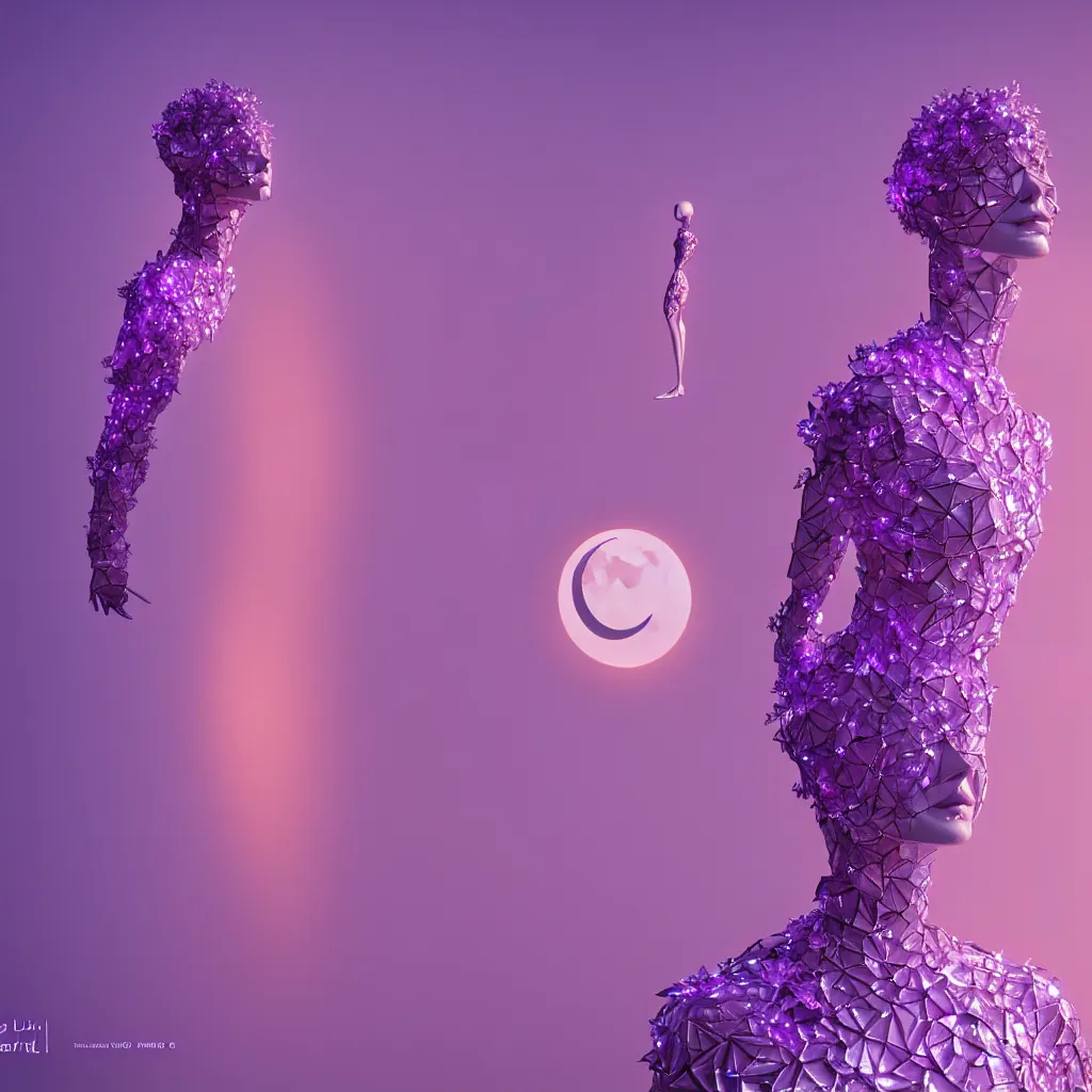 Image similar to beautiful mannequin sculpted out of amethyst by billelis + lit with 3 d geometric neon + facing a doorway opening with neon pink geometric fractal light + flowering hosta plants!!!, moon in background!, rule of thirds, clean linework, dramatic, award winning, 4 k, trending on artstation, photorealistic, volumetric lighting, octane render