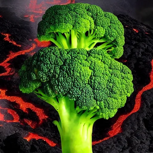 Prompt: A volcanic eruption where instead of lava, broccoli pieces are spied out, fantasy art