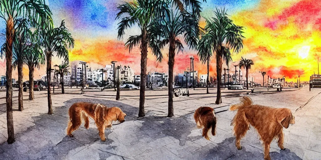 Prompt: golden retriever dog walking in tel aviv street looking at the camera. palm trees. realistic. sunset. high quality. digital art. watercolor. highly detailed. drawing. art. colorful. fluffy