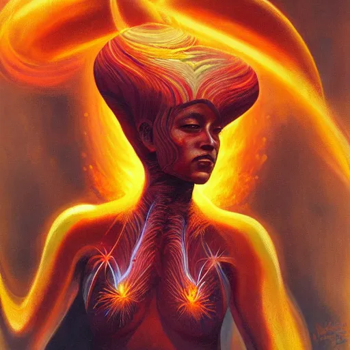 Prompt: A beautiful painting of a female cosmic being with flames as her body by Jim Burns, 8K, ultra-detailed , Trending on artstation.