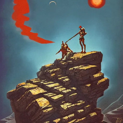 Prompt: barbarian on mars, standing on boulder facing clouded expanse, shrouded, science fiction pulp illustration, stunning