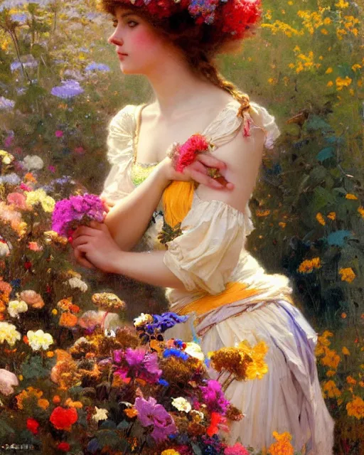 Prompt: an attractive girl wearing a colourful dress and surrounded by flowers. highly detailed painting by gaston bussiere, craig mullins, j. c. leyendecker 8 k