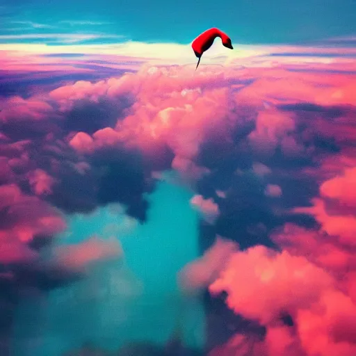 Image similar to a goddess wearing a flamingo fashion in the sky water, photoshop, colossal, creative, giant, digital art, city, photo manipulation, clouds, sky view from the airplane window