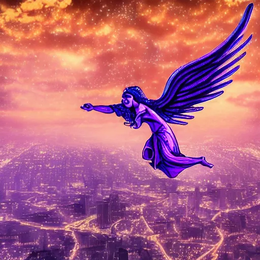 Prompt: a HD photo of a gigantic biblically accurate angel over a city, purple, violet, gold, epic lighting, hyper detailed, astral