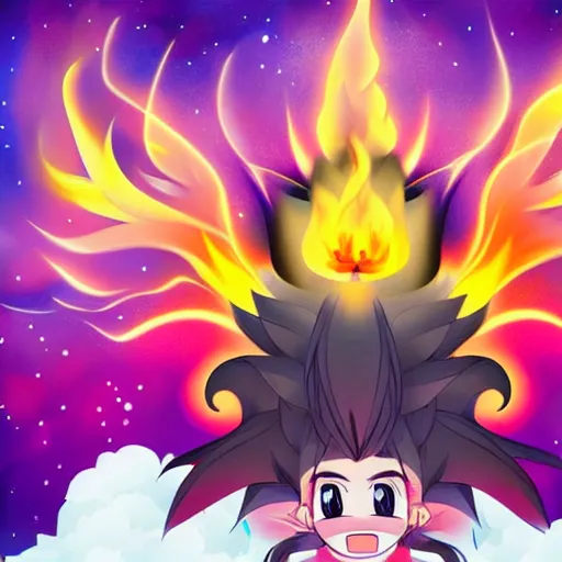 Image similar to fluffy popcorn elemental spirit anime character with a smiling face and flames for hair, sitting on a lotus flower, clean composition, symmetrical