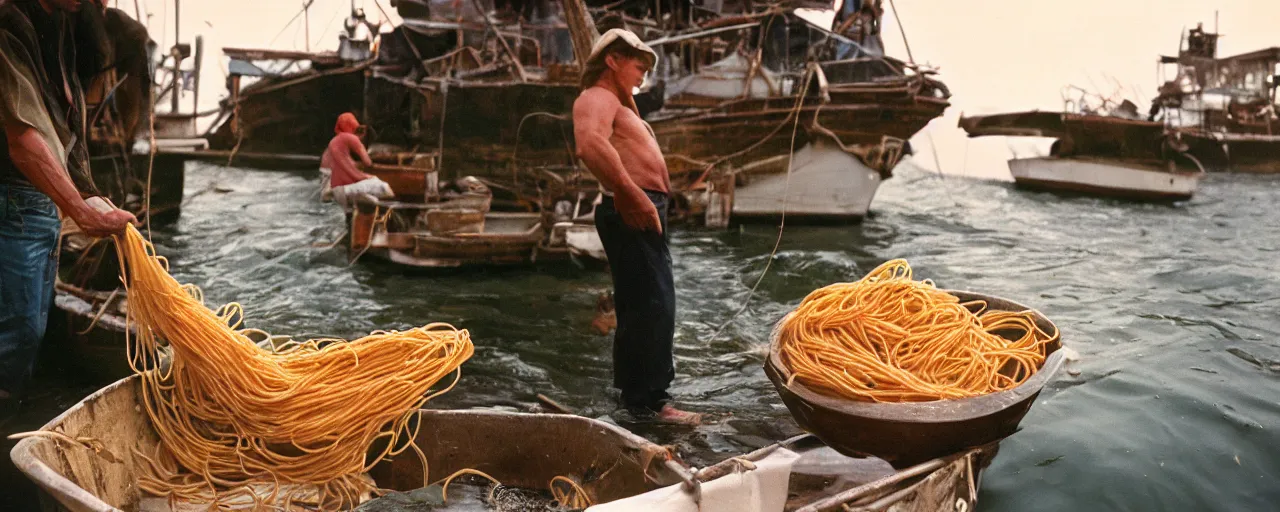 Prompt: fisherman pulling up a fresh catch of spaghetti from the ocean, canon 5 0 mm, cinematic lighting, photography, wes anderson, film, kodachrome