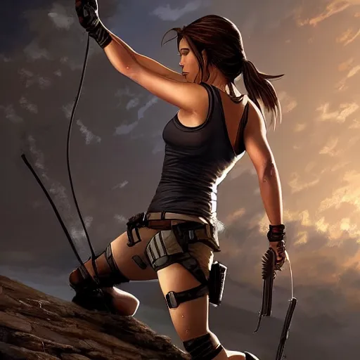 Prompt: Lara Croft doing a backflip, painted by Mark Brooks and Charlie Bowater