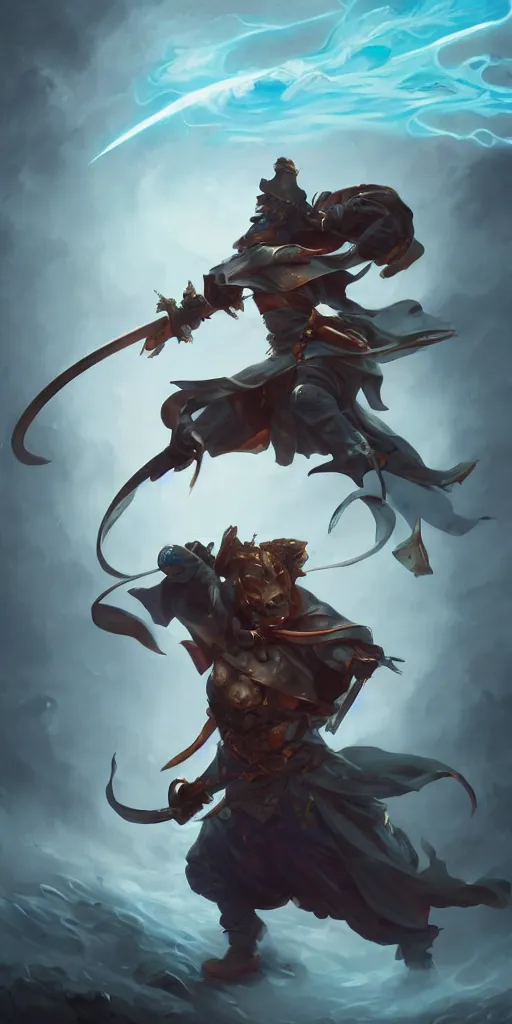 Image similar to action portrait of a magic knight fighting while casting spells with his swords, 4 k trending on artstation by peter mohrbacher