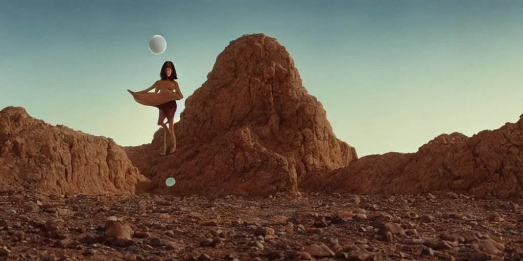 Prompt: levitating woman with full - face golden mask in a dry rocky desert landscape, visible sky and sunny atmosphere, giant abandoned alien city by alejandro jodorowsky, anamorphic lens, kodakchrome, practical effects, masterpiece, 8 k