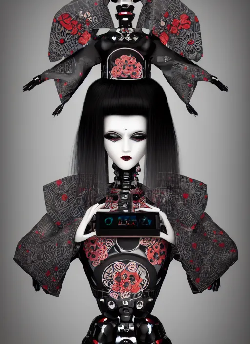 Image similar to full body portrait of a gothic style japanese robot geisha with kanji tattoos and decals wearing a digital pixelated kimono, intricate design, photo - realistic, octane render, dark colour palette, ultra fine detailed, character design, trending on artstation