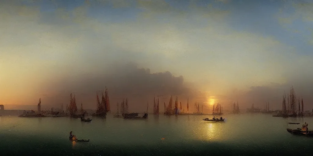 Image similar to A detailed matte painting of of the Ravenna harbor in the 15th century, trending on artstation by Ivan Aivazovsky and Frederic Edwin Church