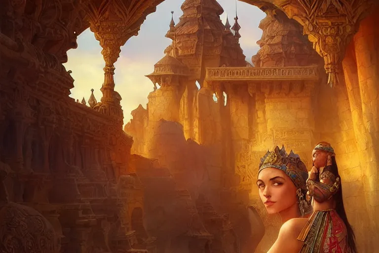 Image similar to camel temple, 1 0 0 1 night, dark water, gemstones and treasures, deep focus, d & d, fantasy, intricate, elegant, highly detailed, digital painting, artstation, concept art, matte, sharp focus, illustration, hearthstone, art by artgerm and greg rutkowski and alphonse mucha