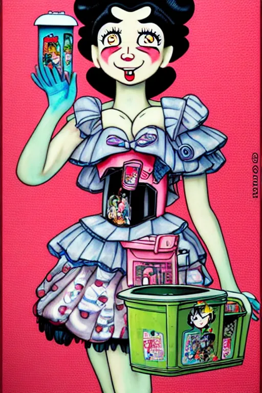 Image similar to full view, from a distance, of anthropomorphic trashcan who is betty boop from 1 9 3 0, full of trash, style of yoshii chie and hikari shimoda and martine johanna, highly detailed