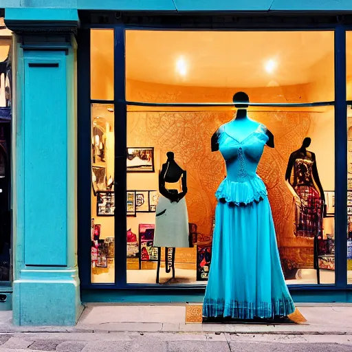 Image similar to victorian era turquoise dress on a manikin, trafalgar dress shop frontage, through the window, cobbled laneway, ambient lighting, cinematic quality, high octane, vray render, subsurface scatter, drum scanner intricate complexity, golden ratio, kojima, amano, charlie bowater museum piece, fine art