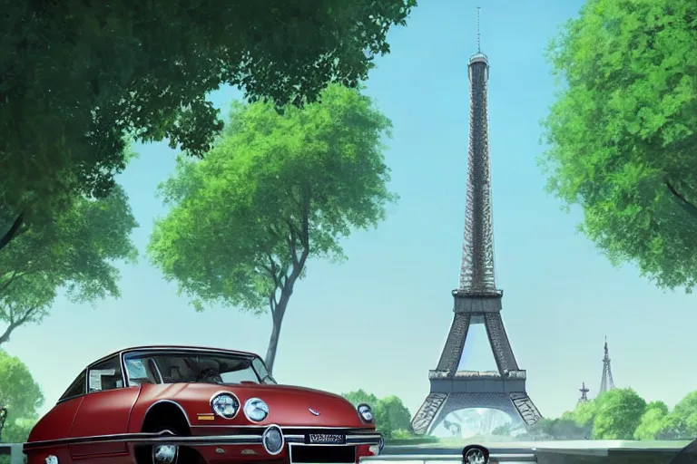 Image similar to a wholesome animation key shot of!! one!! focused! 1 9 7 4 citroen ds! in a tree lined paris street, view of eiffel tower, medium shot, studio ghibli, ( pixar ) and disney animation, sharp, very detailed, high resolution, rendered in unreal engine 5, anime key art by greg rutkowski, bloom, dramatic lighting