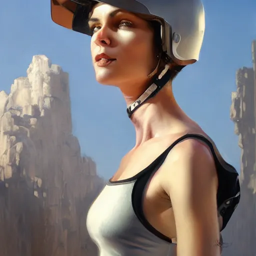 Image similar to a portrait of a woman wearing a white tank top and wearing lether gloves with black jeans and helmet, highly detailed, centered, digital painting, artstation, concept art, donato giancola, Joseph Christian Leyendecker, WLOP, Boris Vallejo, Breathtaking