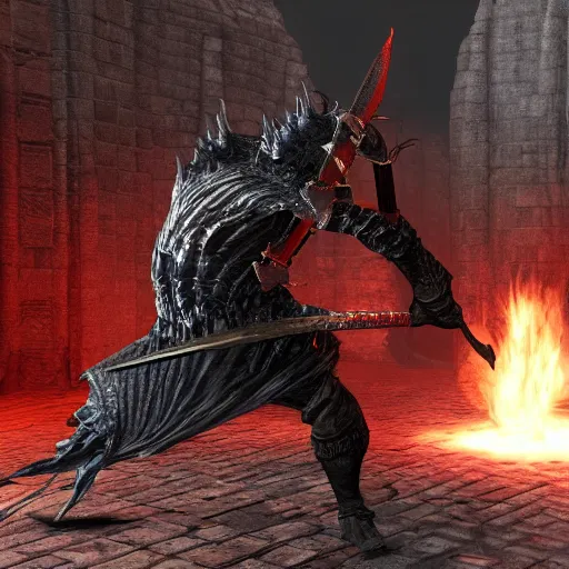 Image similar to demon souls warrior woman sword large dragon, 4 k highly detailed raytracing wide angle