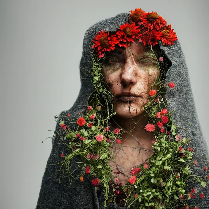 Prompt: closeup portrait of a woman wearing a hooded cloak made of zinnias and barbed wire, in a derelict house, by Martin Schoeller, natural light, detailed face, CANON Eos C300, ƒ1.8, 35mm, 8K, medium-format print