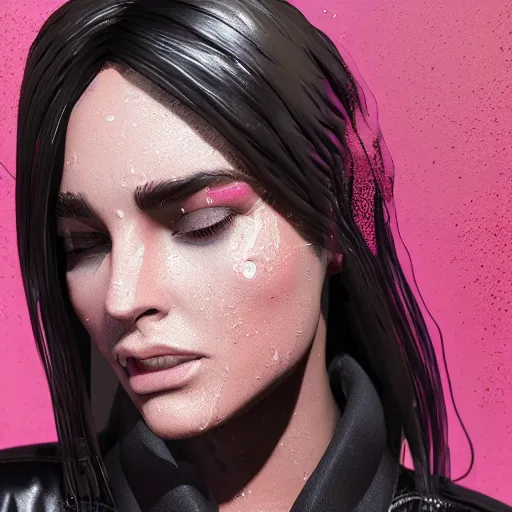 Image similar to stylish woman cartoon portrait made out of rain, leather jacket, cyberpunk background, rendered in octane, unreal engine, highly detailed, trending on artstation, realistic, neon, beautiful