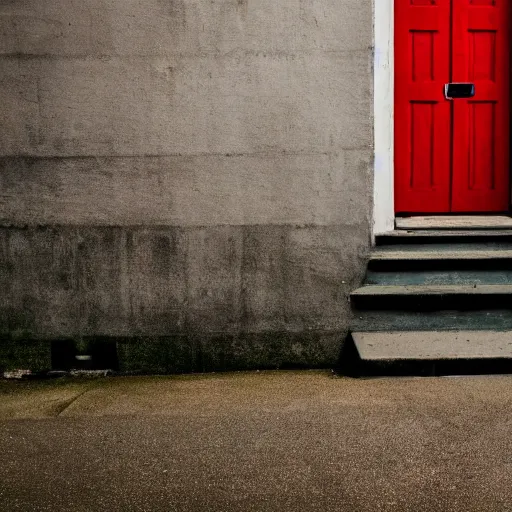 Prompt: A dark world filled with lamps, there is a single red door