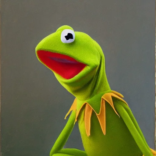 Image similar to photorealistic kermit the frog in an 1 8 5 5 painting by elisabeth jerichau - baumann. painting, oil on canvas