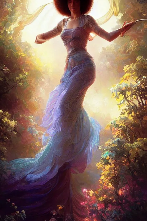 Image similar to bob ross, dreamy and ethereal,, fantasy, intricate, elegant, rainbow bubbles, highly detailed, digital painting, artstation, concept art, smooth, sharp focus, illustration, art by artgerm and greg rutkowski and alphonse mucha