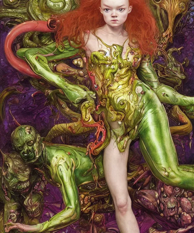 Prompt: a portrait photograph of a fierce mutated hybrid super villian with slimy skin. she looks like sadie sink and is fighting in a colorful infected bulbous shiny organic catsuit. by donato giancola, hans holbein, walton ford, gaston bussiere, peter mohrbacher and brian froud. 8 k, cgsociety, fashion editorial