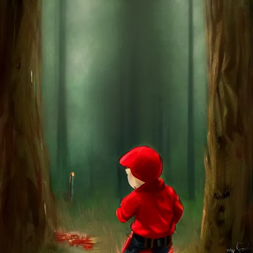 Image similar to boy in red is knocking the front door of a cabine in a forest, detailed, strong lighting, very conherent, by campion, pascale, trending on artstation