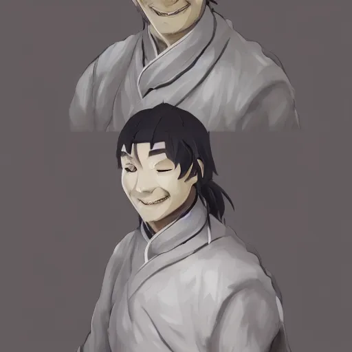 Prompt: photography of a smiling middle aged taoist priest in grey looks like zun long, anime waifu style character, clean soft lighting, backlit handsome face, clean brush stroke, 8 k character concept art, by wlop and artgerm, 3 d, yoji shinkawa