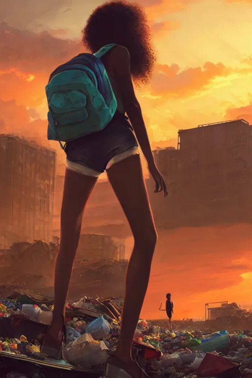 Image similar to wide photo of young woman in mini short with backpack looking at food at garbage dump, destroyed cars, city is pure wasteland, moody sunset background, rays of sunlights, ( ( ( rainbow ) ) ), high details, sharp, photorealism, greg rutkowski, artgerm, unreal engine, highly detailed