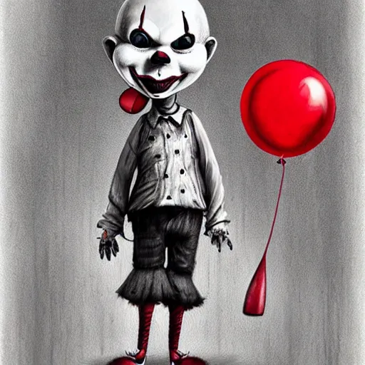 Prompt: surrealism grunge cartoon portrait sketch of a scarecrow with a wide smile and a red balloon by - michael karcz, loony toons style, pennywise style, horror theme, detailed, elegant, intricate