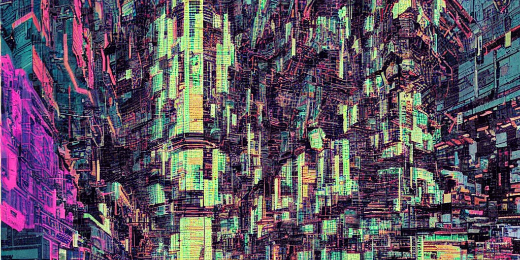 Prompt: MS DOS glitch art, VHS distortion patterns, robotic cyberpunk collage, moebius