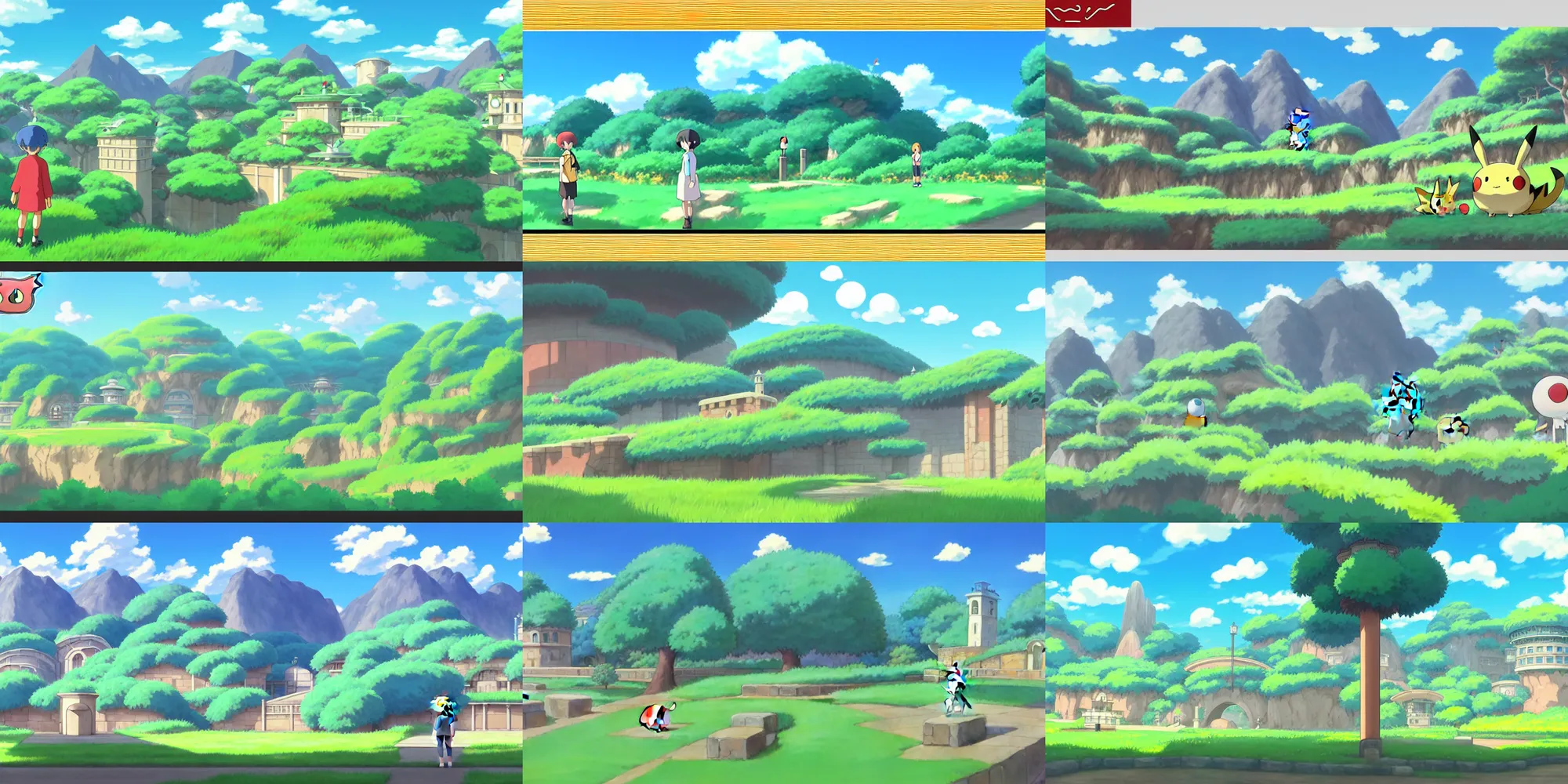 Prompt: vintage ghibli pokemon sword and shield matte painting landscape with no pokemon, no creatures, wide vista