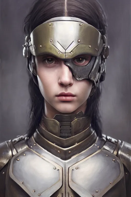 Image similar to a photorealistic painting of an attractive young girl, partially clothed in metal-plated battle armor, olive skin, long dark hair, beautiful bone structure, symmetrical face, perfect eyes, intricate, elegant, digital painting, concept art, illustration, sharp focus, minimal artifacts, from Metal Gear, in the style of Ruan Jia and Mandy Jurgens, by Greg Rutkowski, trending on Artstation, award winning