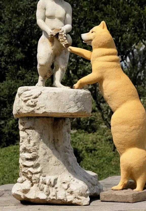 Image similar to ancient roman statue of a shiba inu feeding its young