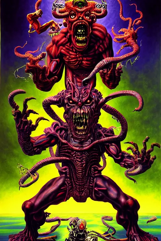 Prompt: a hyperrealistic painting of an epic boss fight against an ornate supreme dark mutant overlord, cinematic horror by chris cunningham, lisa frank, richard corben, highly detailed, vivid color,