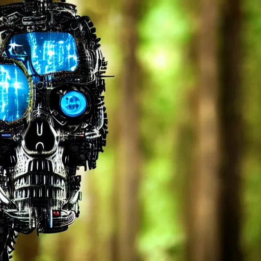 Image similar to super detailed portrait of a terminator's head, packed with cybernetics and and borg enhancements. In a forest with bokeh. Lots of Gears visible. Vegetation id growing out of it