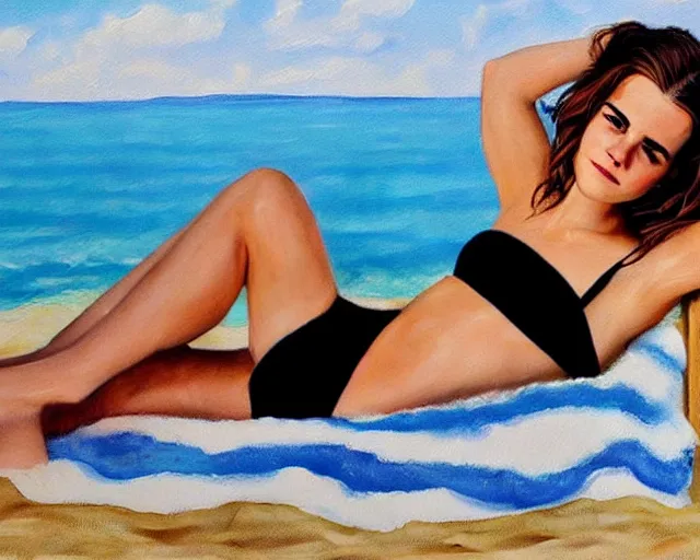 Prompt: photorealistic painting of emma watson sunbathing at the beach, detailed, face closeup