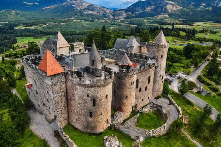 Image similar to medieval castle, aerial view, drone photography, cinematic, mountains