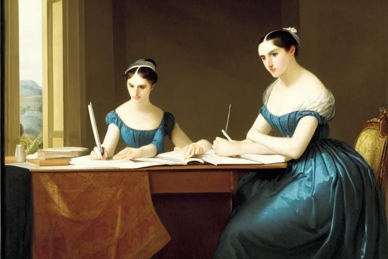 Prompt: 1 8 1 0 s katie mcgrath writing at her desk by reggianini, bright lighting, perfectly detailed eyes, beautiful hands, pale skin, clear face, dress, regency, georgian era stay, 6