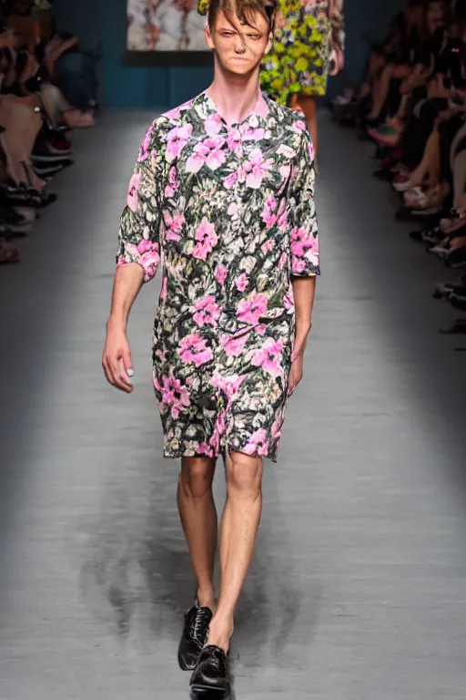 Image similar to man with a flower dress on a catwalk