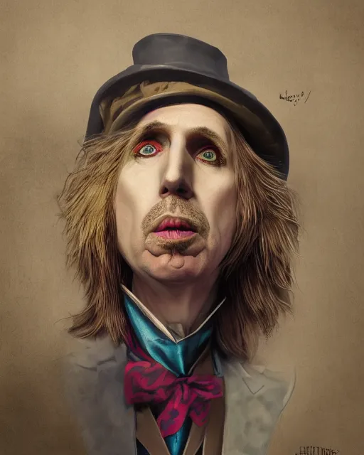 Image similar to tom petty as the mad hatter, contrast, kim jung gi, greg rutkowski, zabrocki, karlkka, jayison devadas, trending on artstation, 8 k, ultra wide angle, zenith view, pincushion lens effect