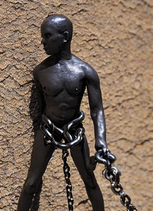 Prompt: Image on the store website, eBay, Full body, 80mm resin figure model of a slaves chained to a stone wall.