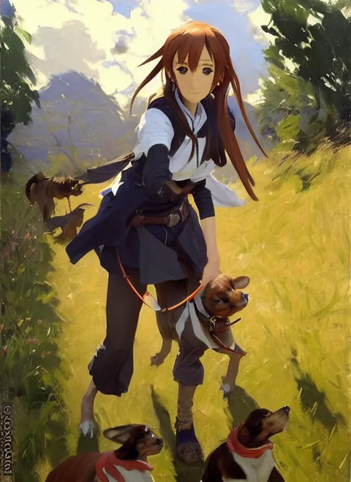 Image similar to Greg Manchess painting of Asuna Yuuki from SAO in casual wear out playing with the dogs, countryside, fantasy character portrait, dynamic pose, above view, sunny day, thunder clouds in the sky, artwork by Jeremy Lipkin and Giuseppe Dangelico Pino and Michael Garmash and Rob Rey, very coherent asymmetrical artwork, sharp edges, perfect face, simple form, wacky, 100mm