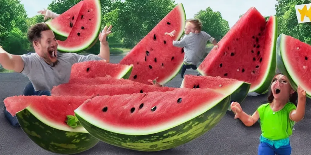 Prompt: YouTube thumbnail about giant watermelon rampage town