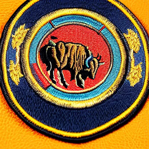 Prompt: closeup photo of a colorful embroidered patch of the coat - of - arms of a buffalo - themed house of hogwarts. the patch is sewn onto a leather school - bag. the name watanka appears on the patch.