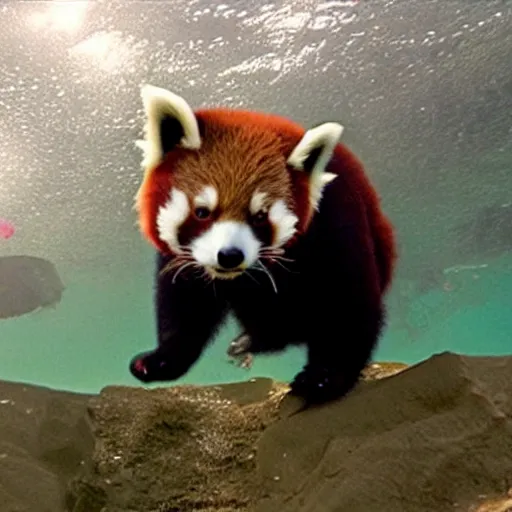 Image similar to dark footage of a red panda walking around the bottom of the ocean