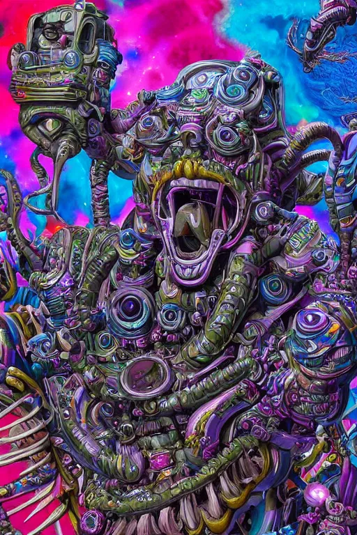 Image similar to hyper-maximalist lowbrow style overdetailed 3d sculpture of a monster by clogtwo and ben ridgway inspired by beastwreckstuff chris dyer and jimbo phillips. Cosmic horror infused retrofuturist style. Hyperdetailed high resolution. Render by binx.ly in discodiffusion. Dreamlike surreal polished render by machine.delusions. Sharp focus.