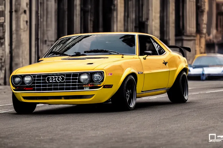 Image similar to audi camaro b 1 ( 1 9 6 9 ) drifting, need for speed : carbon, neon lines, lviv historic centre, ultra phonk, phonk music background, smoke behind wheels, noise, dark, establishing shot